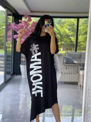 Siyah Baskılı Midi Oversize Elbise