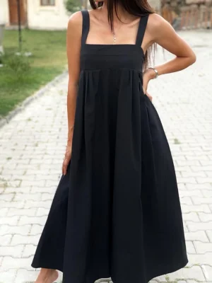 Siyah Kalın Askılı Midi Elbise