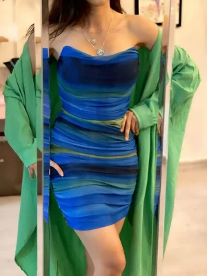 Tül Baskılı Straplez Elbise