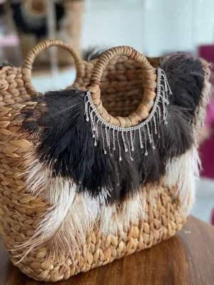 Özel Tasarım Tüy ve Taş Detaylı Hasır Çanta