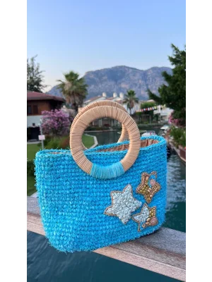 Yıldız İşlemeli Mavi Örgü Çanta