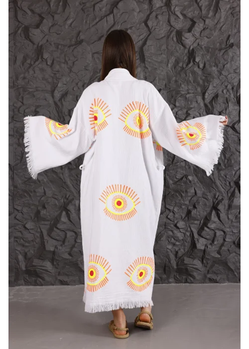 Neon Orange Eye Wooden Printed White Bathrobe