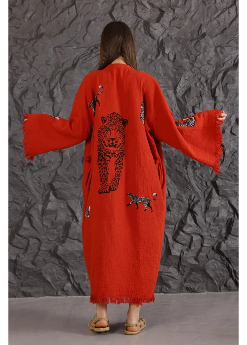 Tiger Wooden Printed Red Kaftan