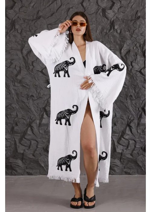 Elephant Wooden Printed White Kaftan