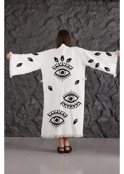 Eye Wooden Printed White Kaftan