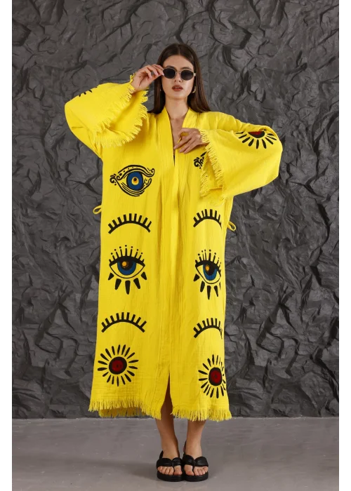 Eye Wooden Printed Yellow Kaftan