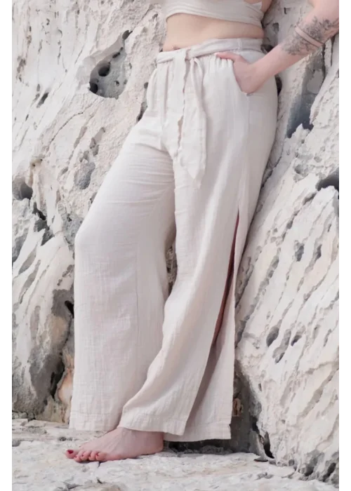 Beige Muslin Slit Trouser