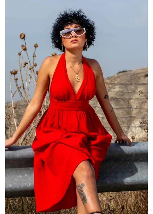 Atelier Chaputs 100% Cotton Muslin Hera Red Dress One-Size