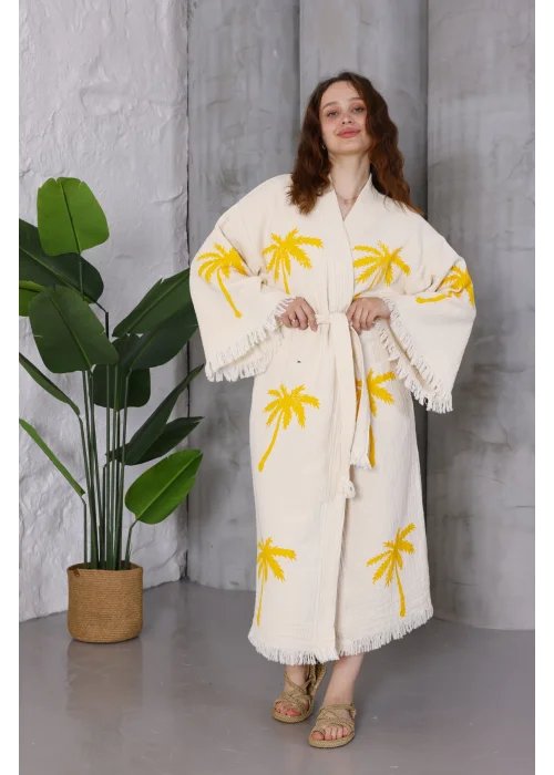 Palm Wooden Printed Cream Bathrobe