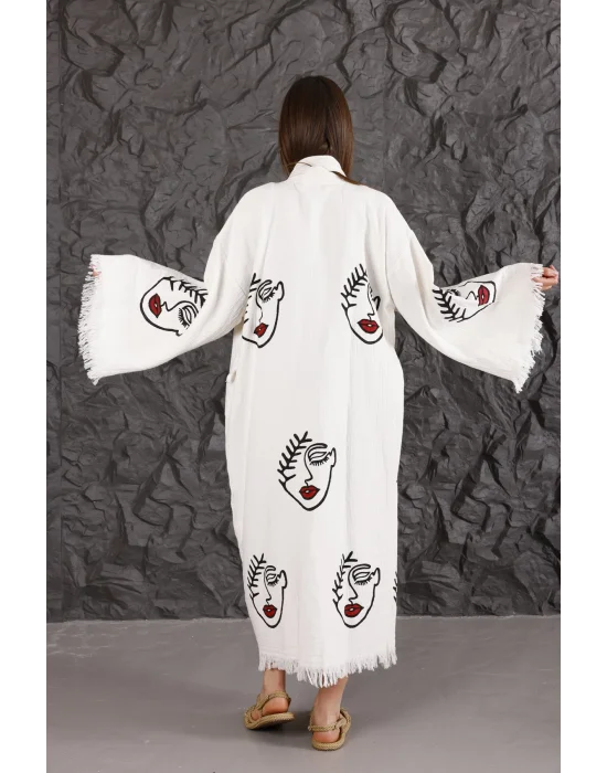 Lady Eye Wooden Printed White Kaftan