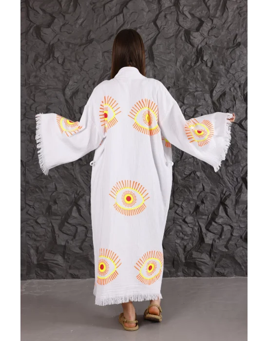 Neon Orange Eye Bedruckter weißer Bademantel aus Holz