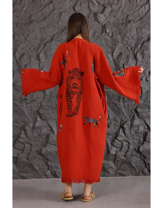 Tiger Wooden Printed Red Kaftan