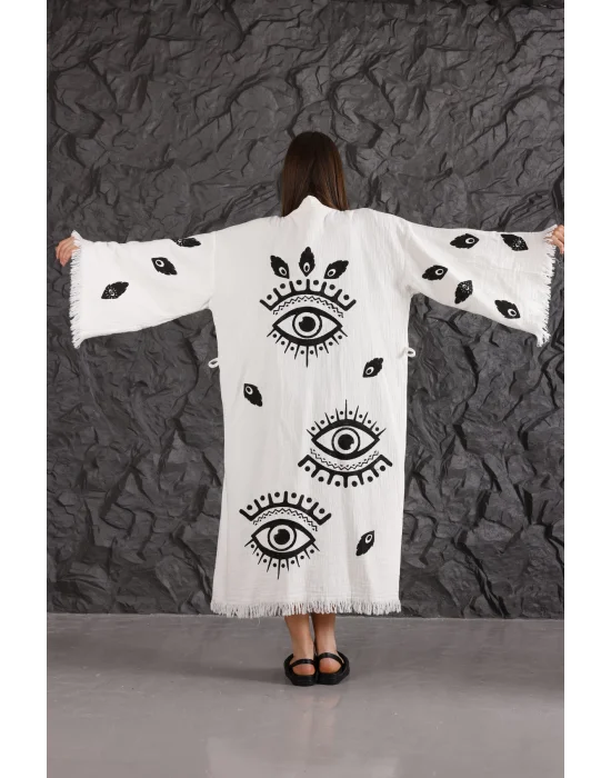 Eye Wooden Printed White Kaftan