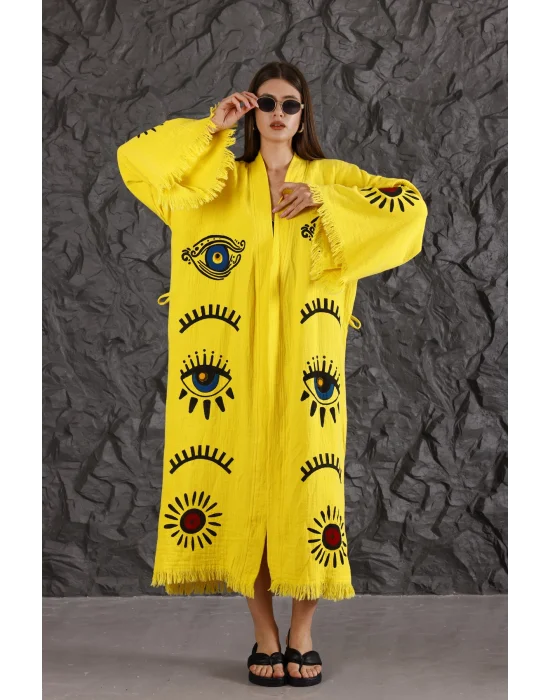 Eye Wooden Printed Yellow Kaftan
