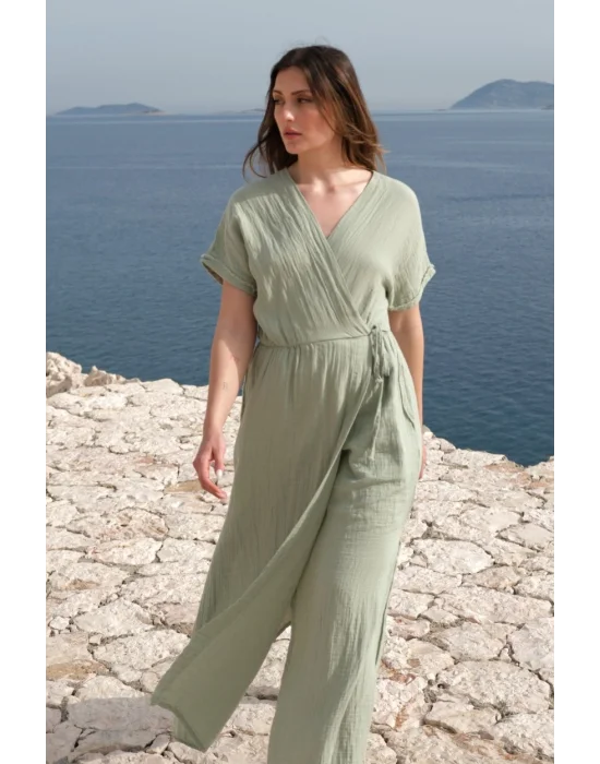 Atelier Chaputs 100% Cotton Muslin Wrap Green Dress One-Size