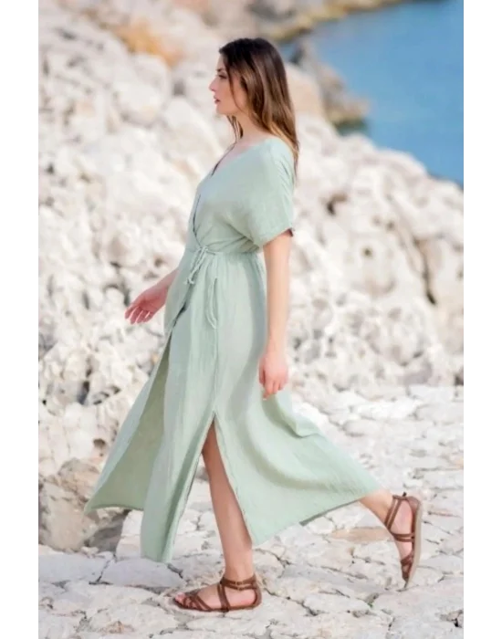 Atelier Chaputs 100% Cotton Muslin Wrap Green Dress One-Size