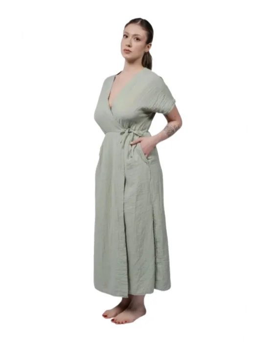 Atelier Chaputs 100% Cotton Muslin Wrap Green Dress One-Size