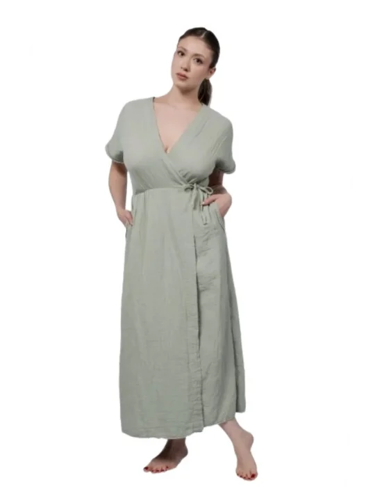 Atelier Chaputs 100% Cotton Muslin Wrap Green Dress One-Size