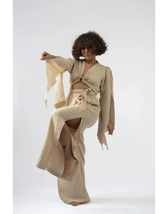 Atelier Chaputs 100% Cotton Muslin Beige Split Trouser One-Size