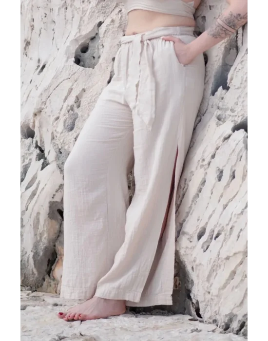 Beige Muslin Slit Trouser