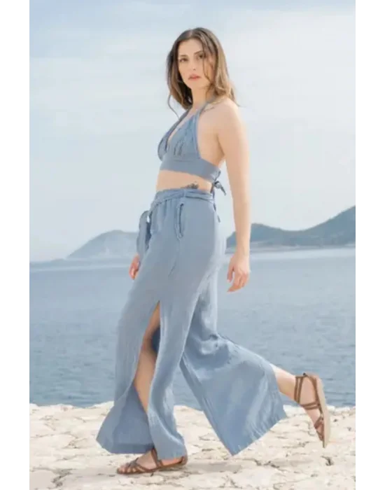 Blue Muslin Slit Trouser