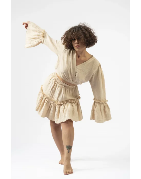 Atelier Chaputs 100% Cotton Muslin Ilayda Beige Blouse One-Size
