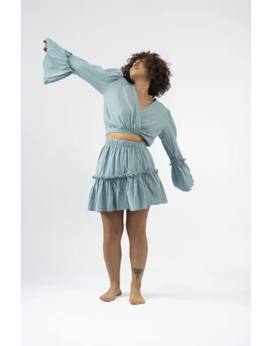 Atelier Chaputs 100% Cotton Muslin Ilayda Blue Blouse One-Size