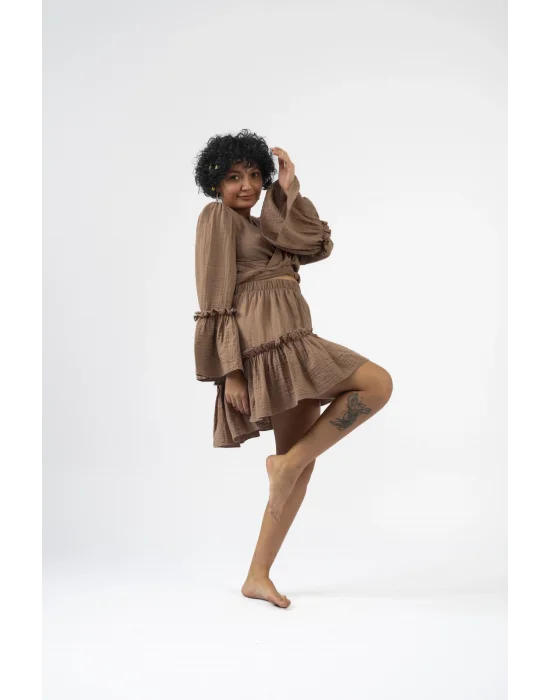 Atelier Chaputs 100% Cotton Muslin Ilayda Coffee Blouse One-Size