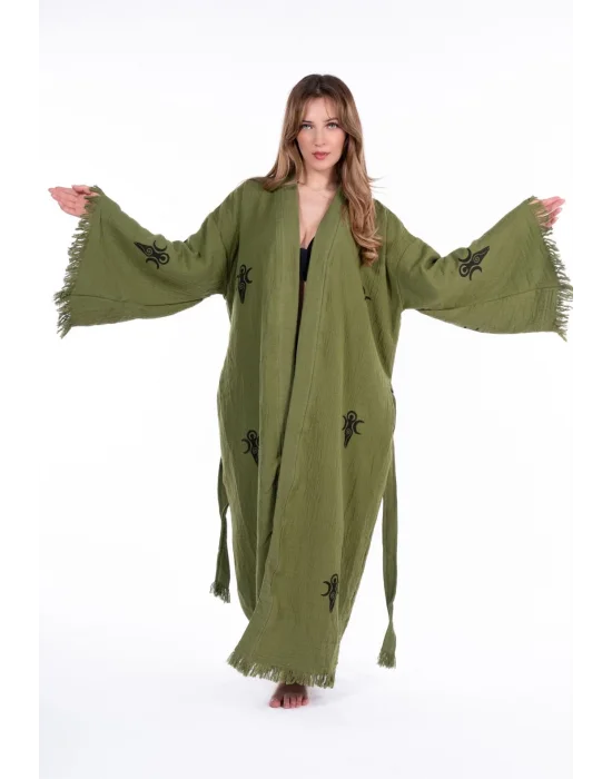 Kybele Khaki Green Wooden Printed Bathrobe