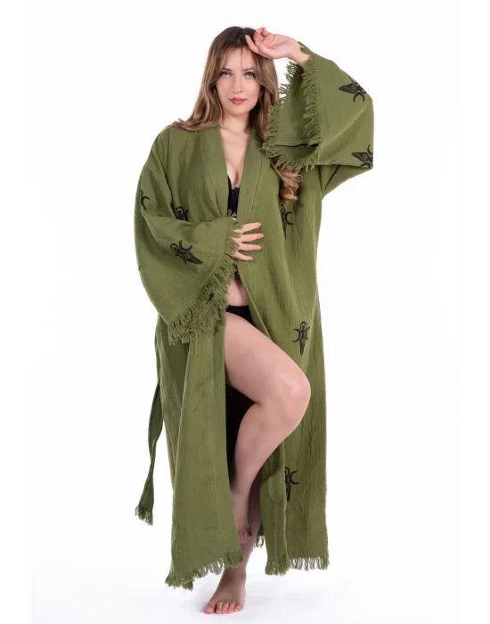 Kybele Khaki Green Wooden Printed Bathrobe