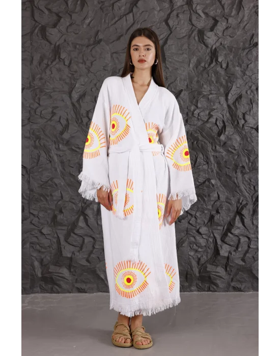 Neon Orange Eye Bedruckter weißer Bademantel aus Holz