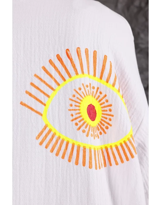 Neon Orange Eye Bedruckter weißer Bademantel aus Holz