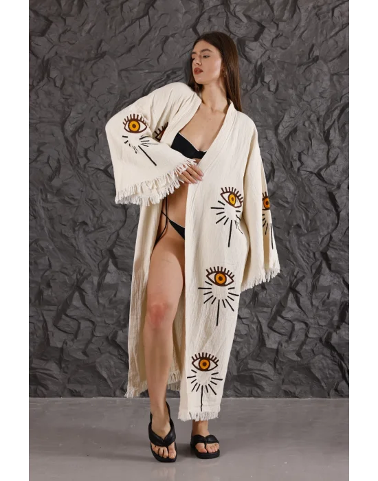 Orange Shine Eye Wooden Printed Bademantel