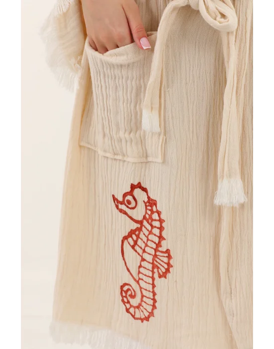 Red Seahorse Wooden Stamp Bathrobe