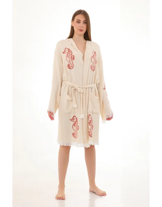 Red Seahorse Wooden Stamp Bathrobe