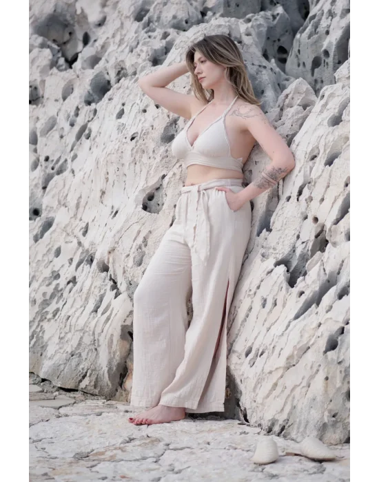 Beige Muslin Slit Trouser