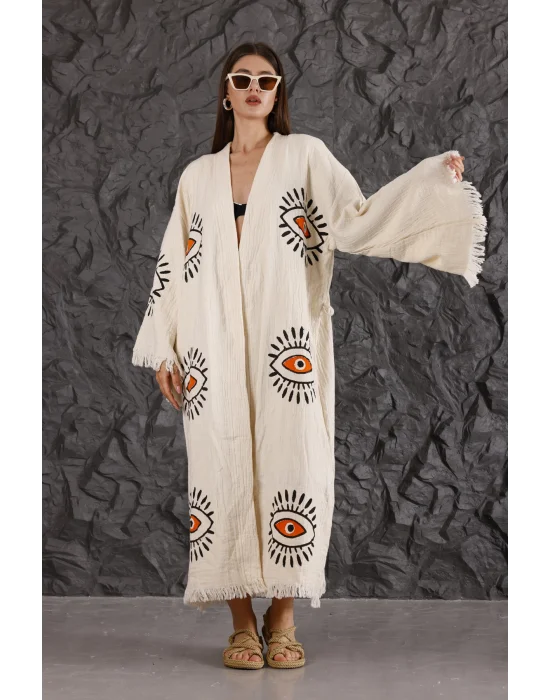 Orange Eye Wooden Printed Cream Bademantel