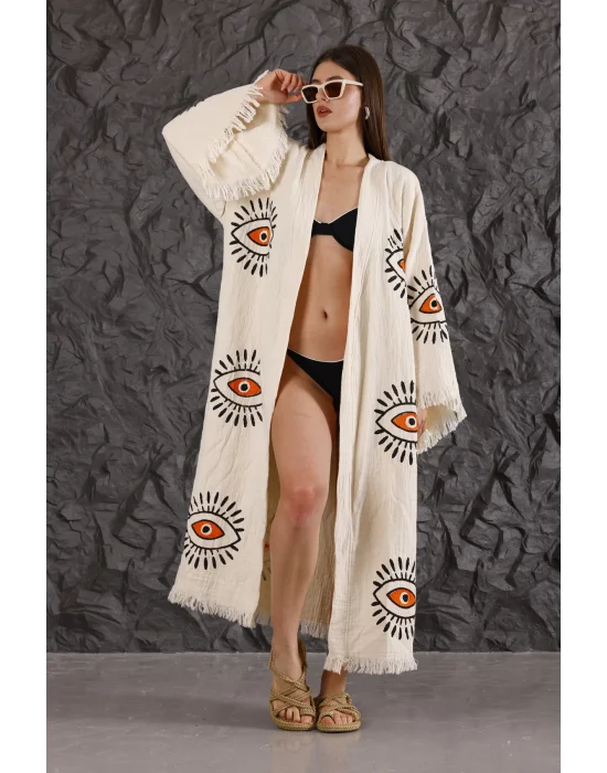 Orange Eye Wooden Printed Cream Bademantel