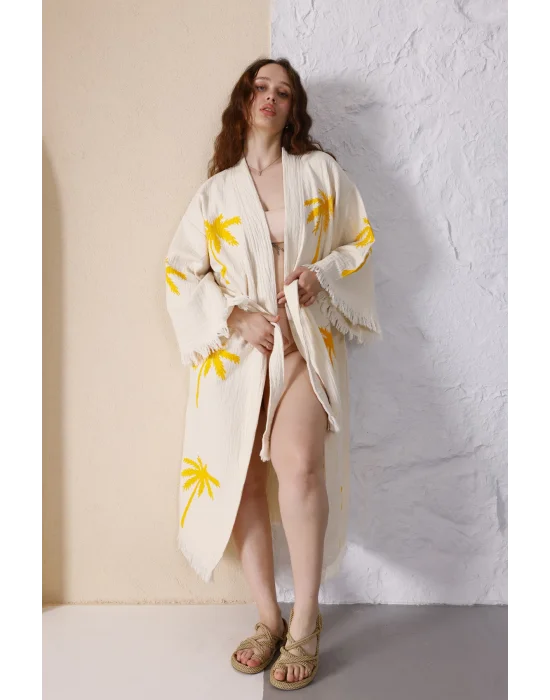 Palm Wooden Printed Cream Bathrobe