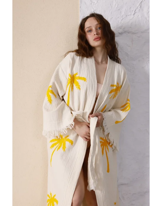 Palm Wooden Printed Cream Bathrobe