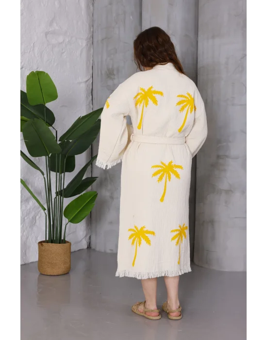 Palm Wooden Printed Cream Bathrobe