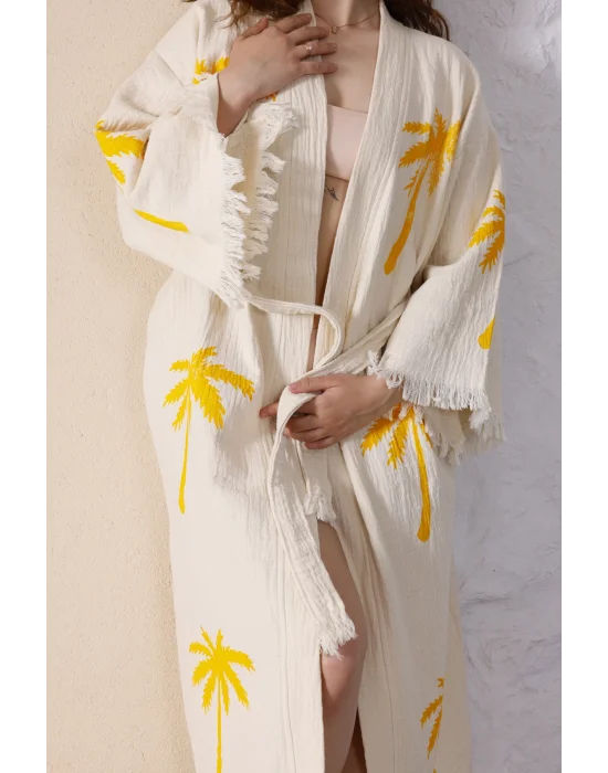 Palm Wooden Printed Cream Bathrobe