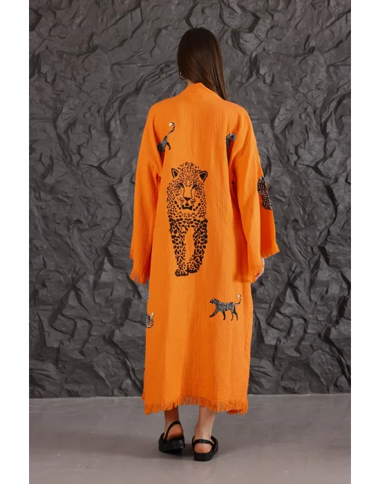 Tiger Wooden Printed Orange Bathrobe