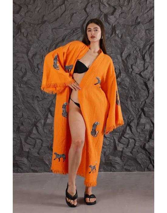 Tiger Wooden Printed Orange Bathrobe
