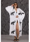 Elephant Wooden Printed White Kaftan