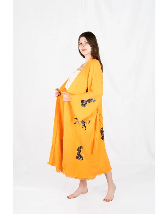 Tiger Wooden Printed Yellow Kaftan