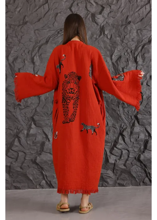 Tiger Wooden Printed Red Kaftan