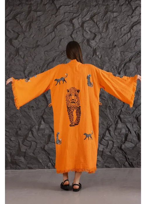Tiger Wooden Printed Orange Kaftan