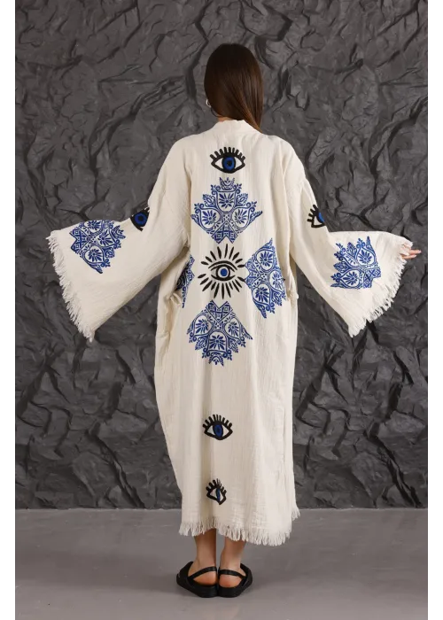 Eye Blue Motif Wooden Printed Cream Bathrobe
