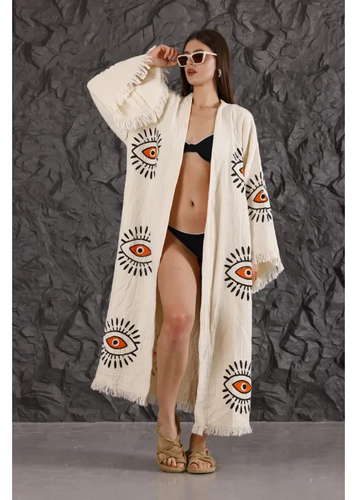 Orange Eye Wooden Printed Cream Bathrobe